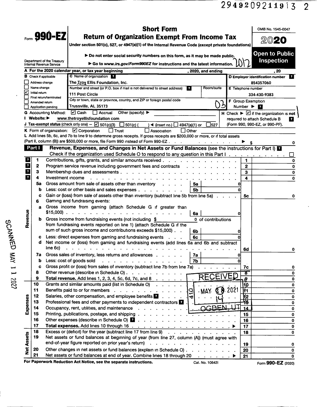 Image of first page of 2020 Form 990EZ for Troy Ellis Foundation