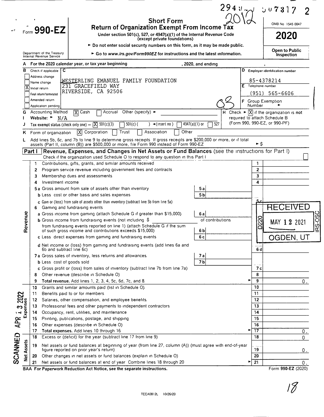 Image of first page of 2020 Form 990EZ for Westerling Emanuel Family Foundation