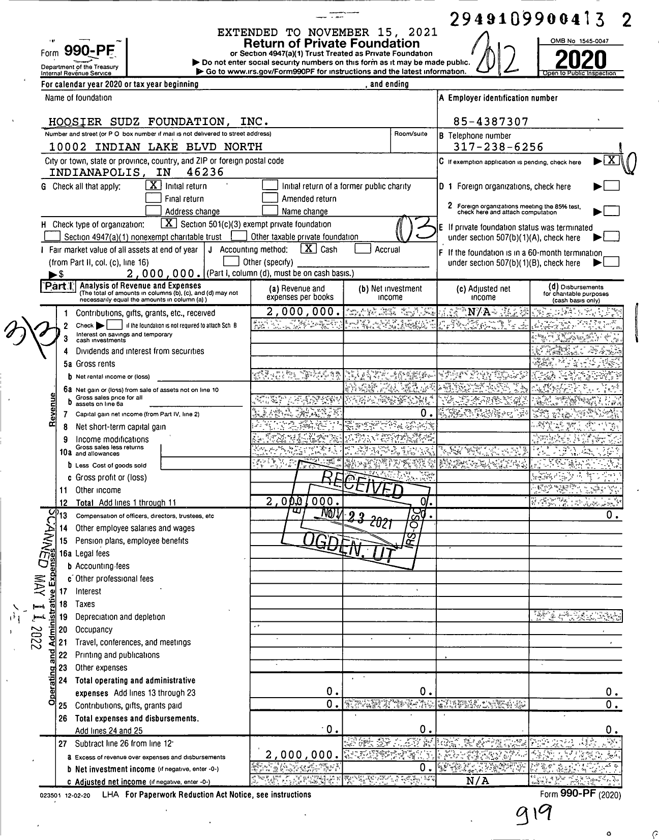 Image of first page of 2020 Form 990PF for Hoosier Sudz Foundation