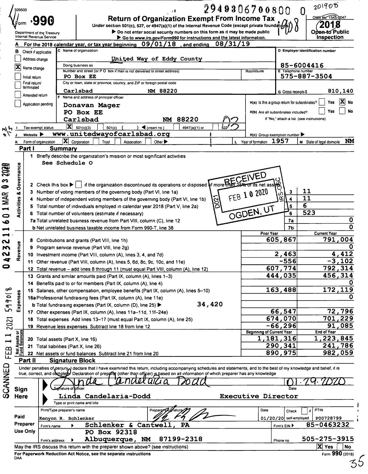 Image of first page of 2018 Form 990 for United Way of Eddy County