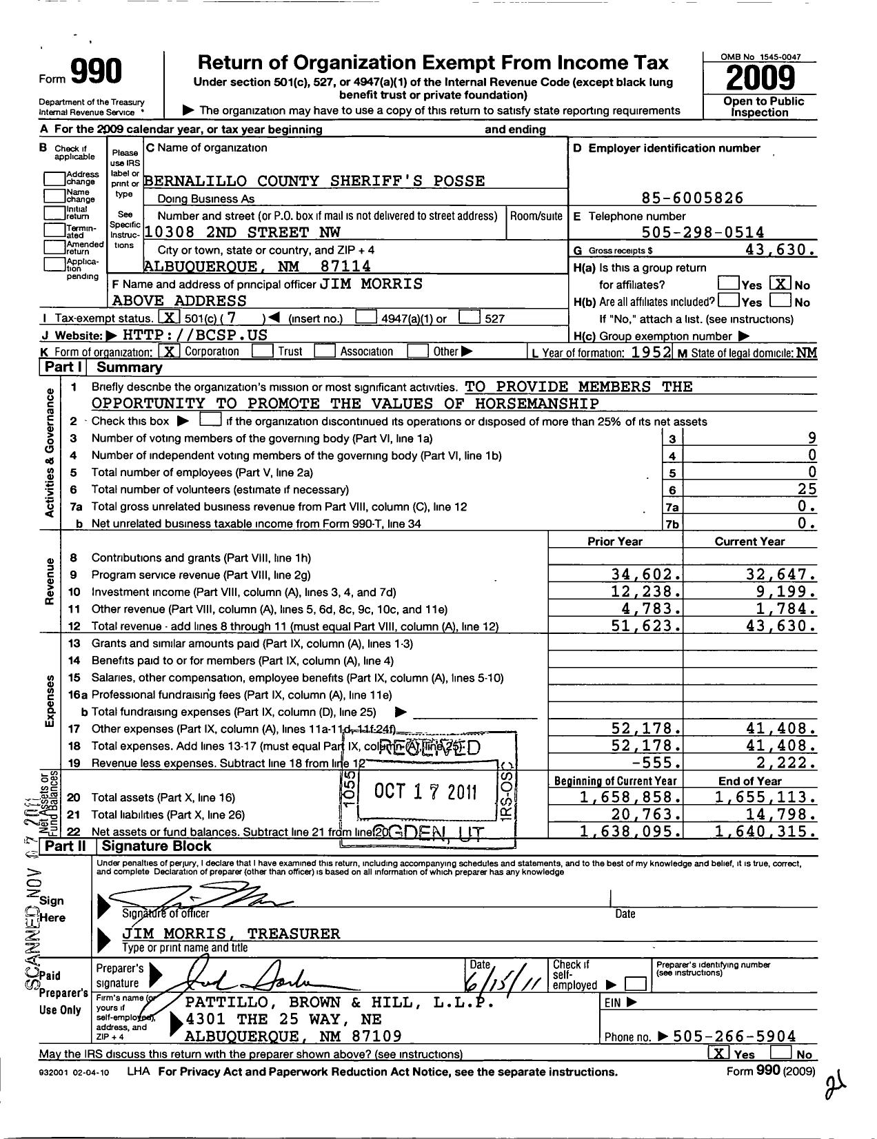 Image of first page of 2009 Form 990O for Bernalillo County Sheriffs Posse