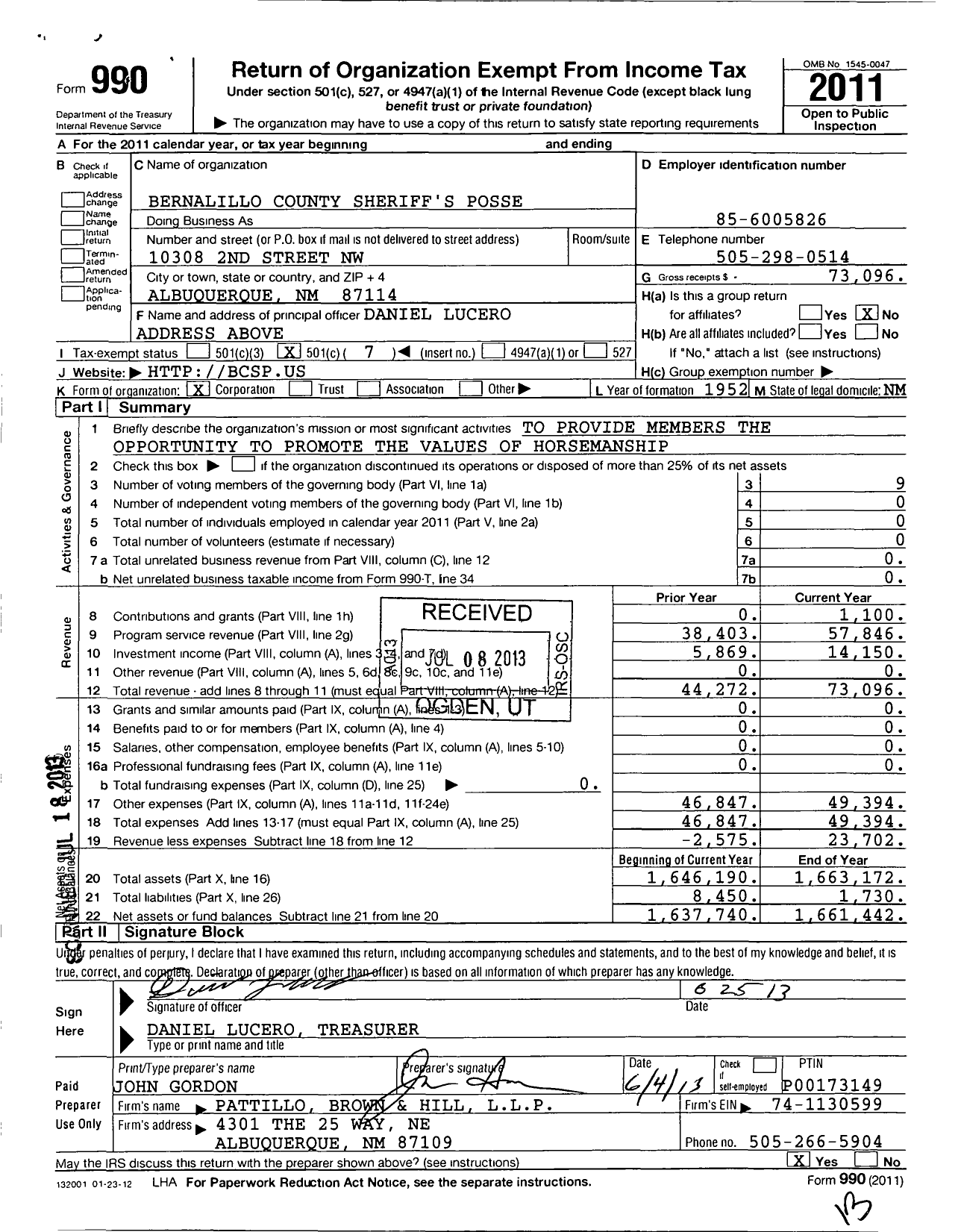 Image of first page of 2011 Form 990O for Bernalillo County Sheriffs Posse