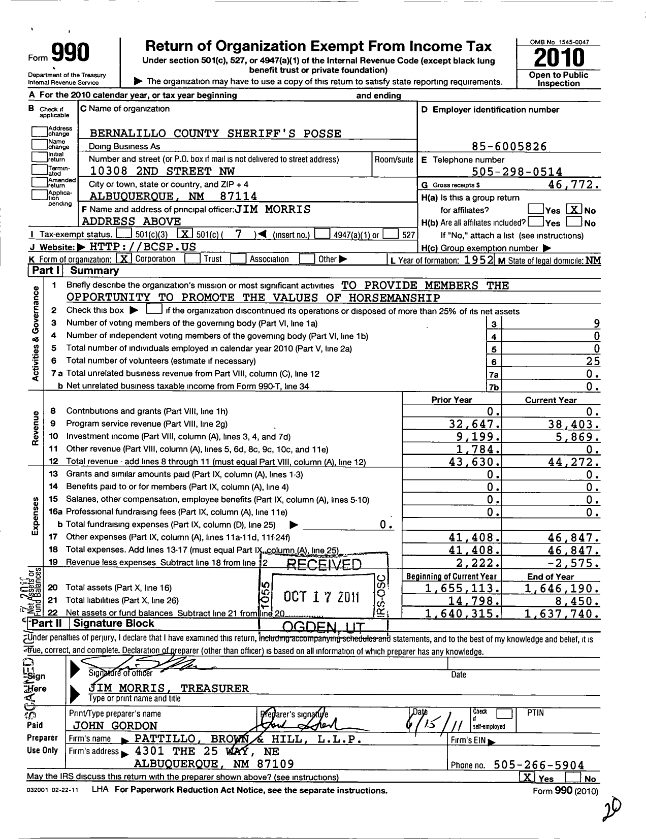 Image of first page of 2010 Form 990O for Bernalillo County Sheriffs Posse