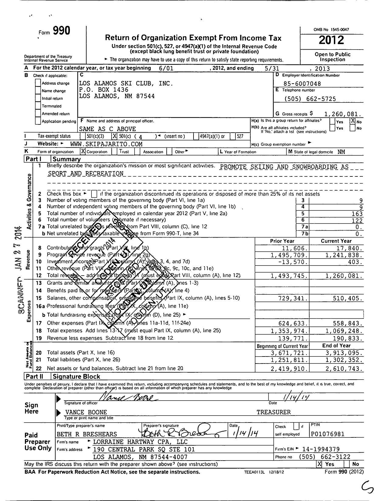 Image of first page of 2012 Form 990O for Los Alamos Ski Club