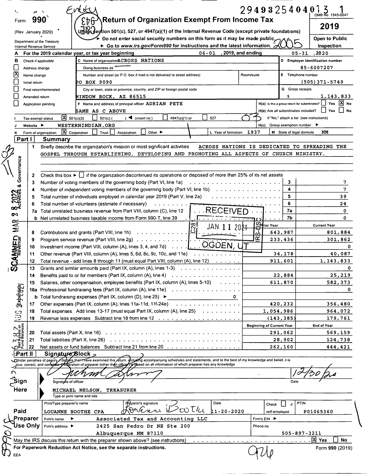 Image of first page of 2019 Form 990 for Across Nations