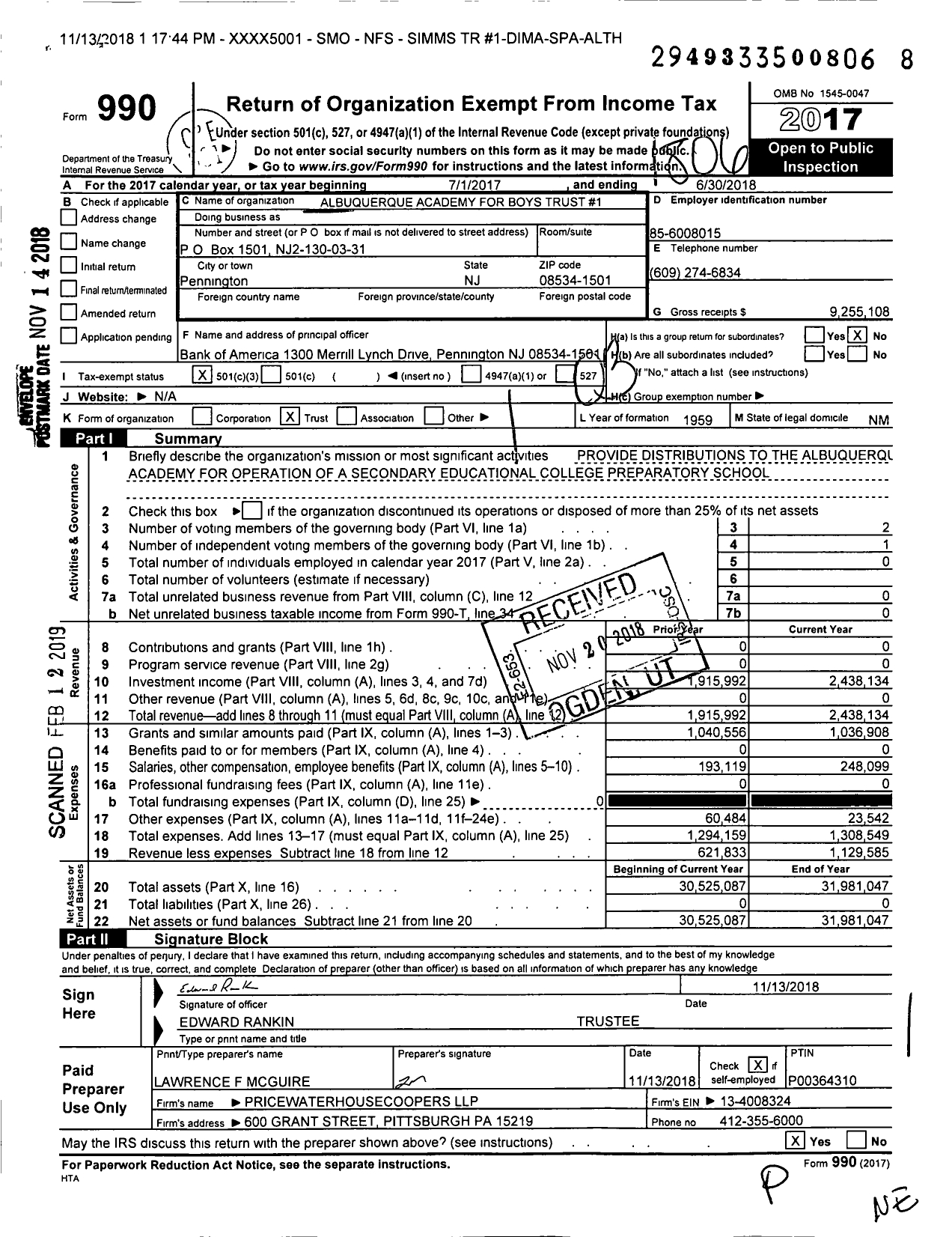 Image of first page of 2017 Form 990 for Simms Trust #1-Dima-Spa-Alth