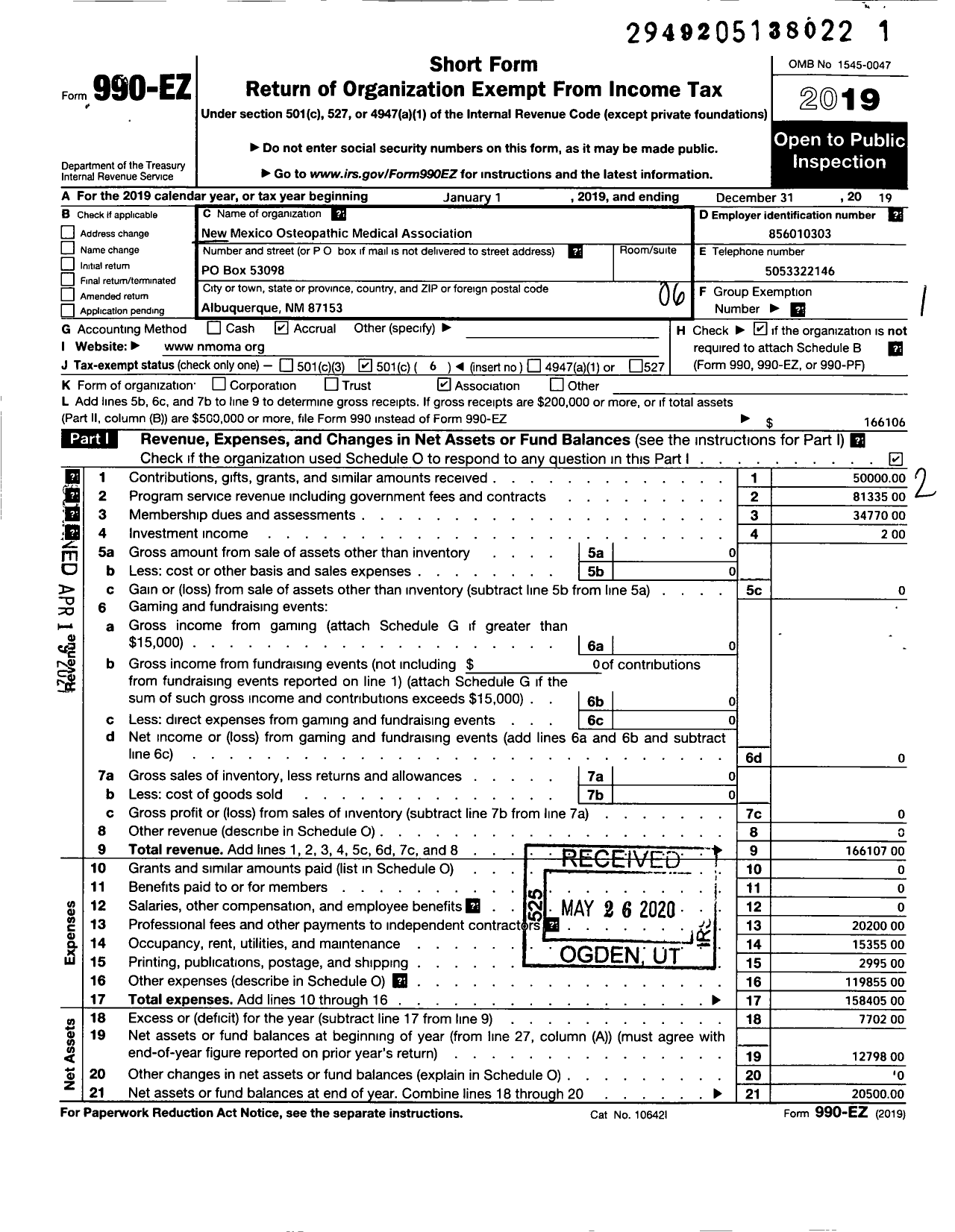 Image of first page of 2019 Form 990EO for New Mexico Osteopathic Medical Association