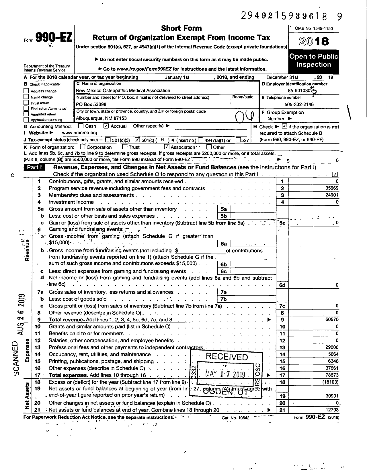 Image of first page of 2018 Form 990EO for New Mexico Osteopathic Medical Association