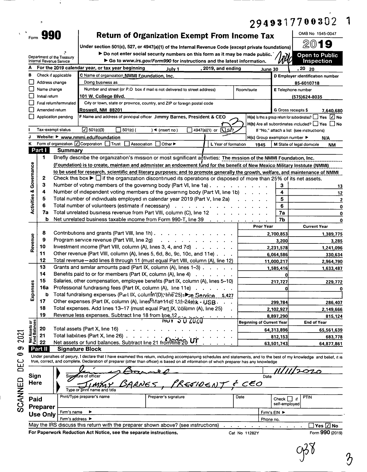 Image of first page of 2019 Form 990 for New Mexico Military Institute Foundation (NMMIF)