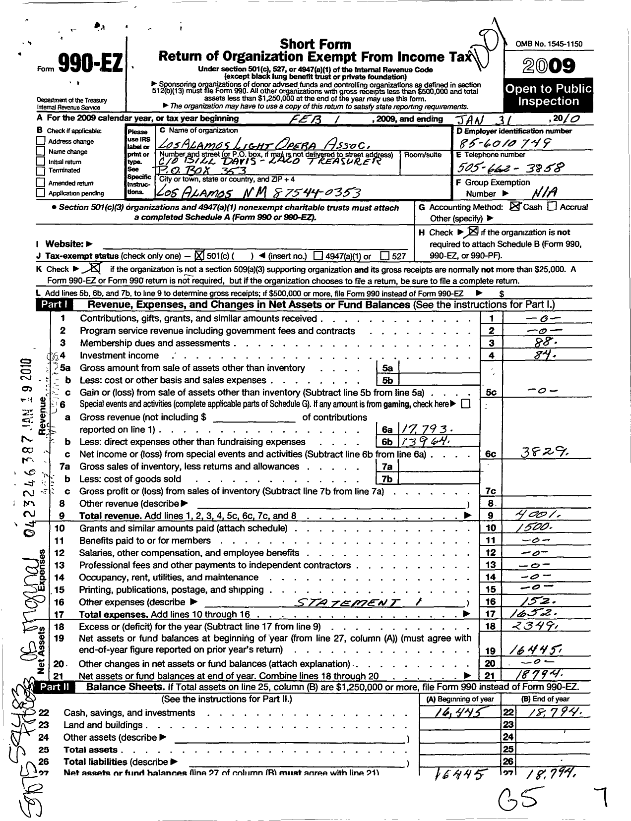 Image of first page of 2009 Form 990EO for Los Alamos Light Opera Association