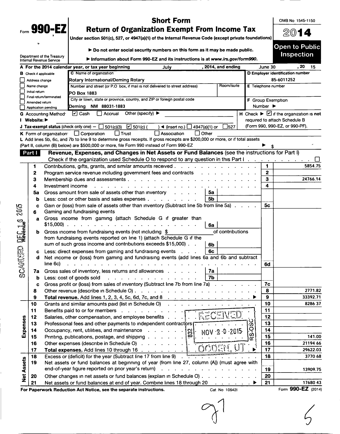 Image of first page of 2014 Form 990EO for Rotary International - Deming Rotary Club