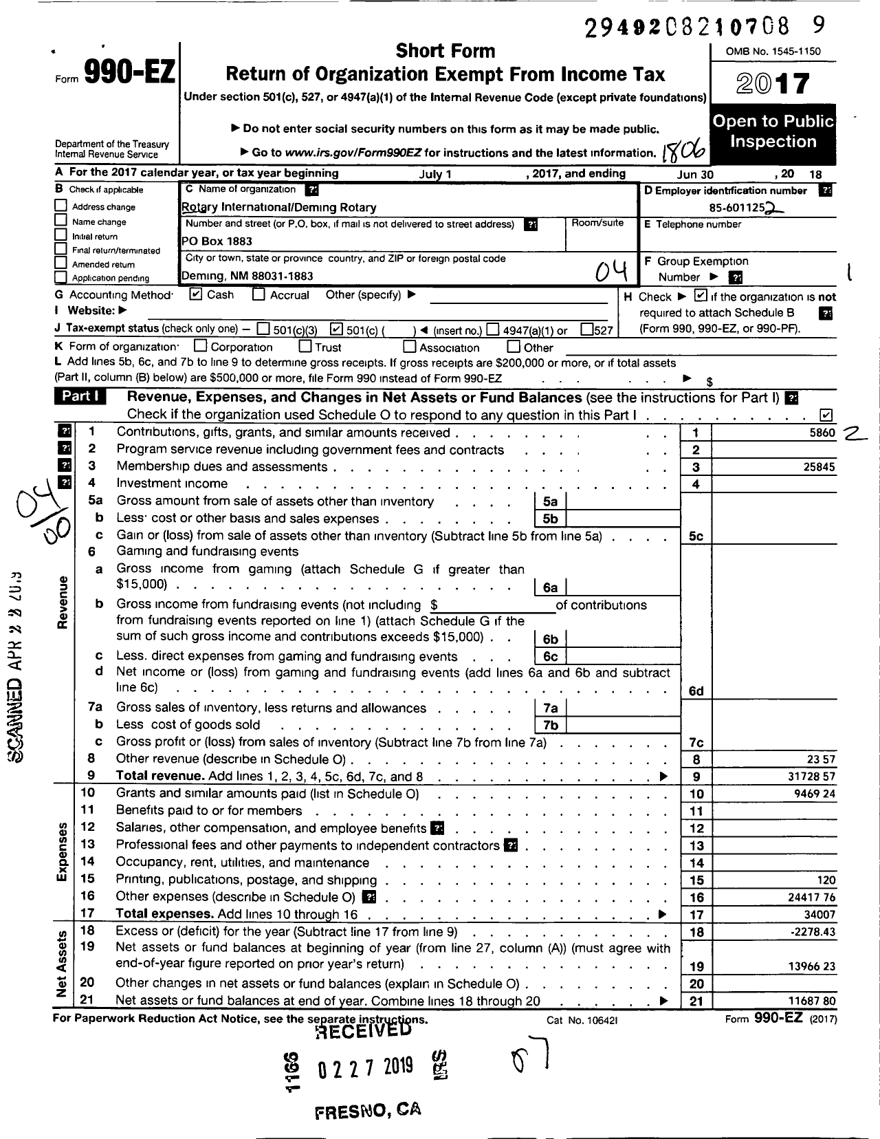 Image of first page of 2017 Form 990EO for Rotary International - Deming Rotary Club