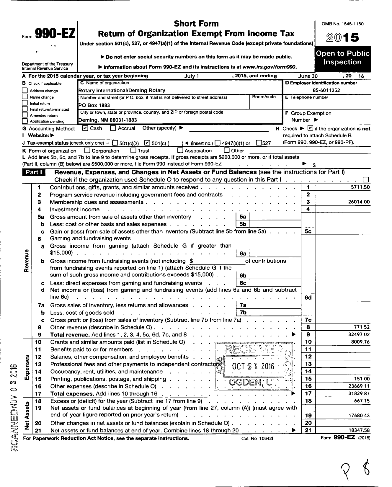 Image of first page of 2015 Form 990EO for Rotary International - Deming Rotary Club