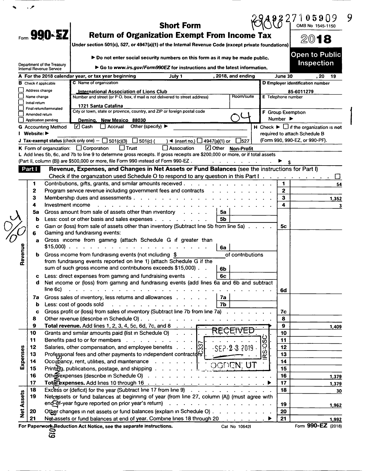 Image of first page of 2018 Form 990EO for Lions Clubs - 13557 Deming