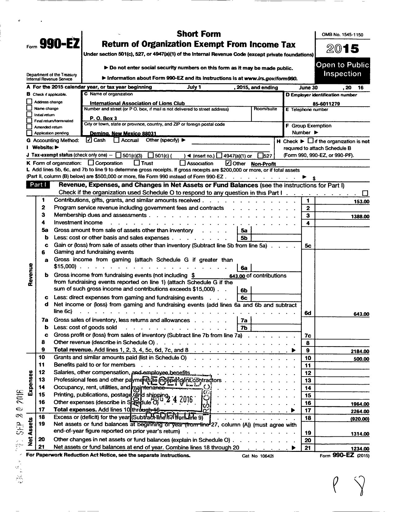 Image of first page of 2015 Form 990EO for Lions Clubs - 13557 Deming