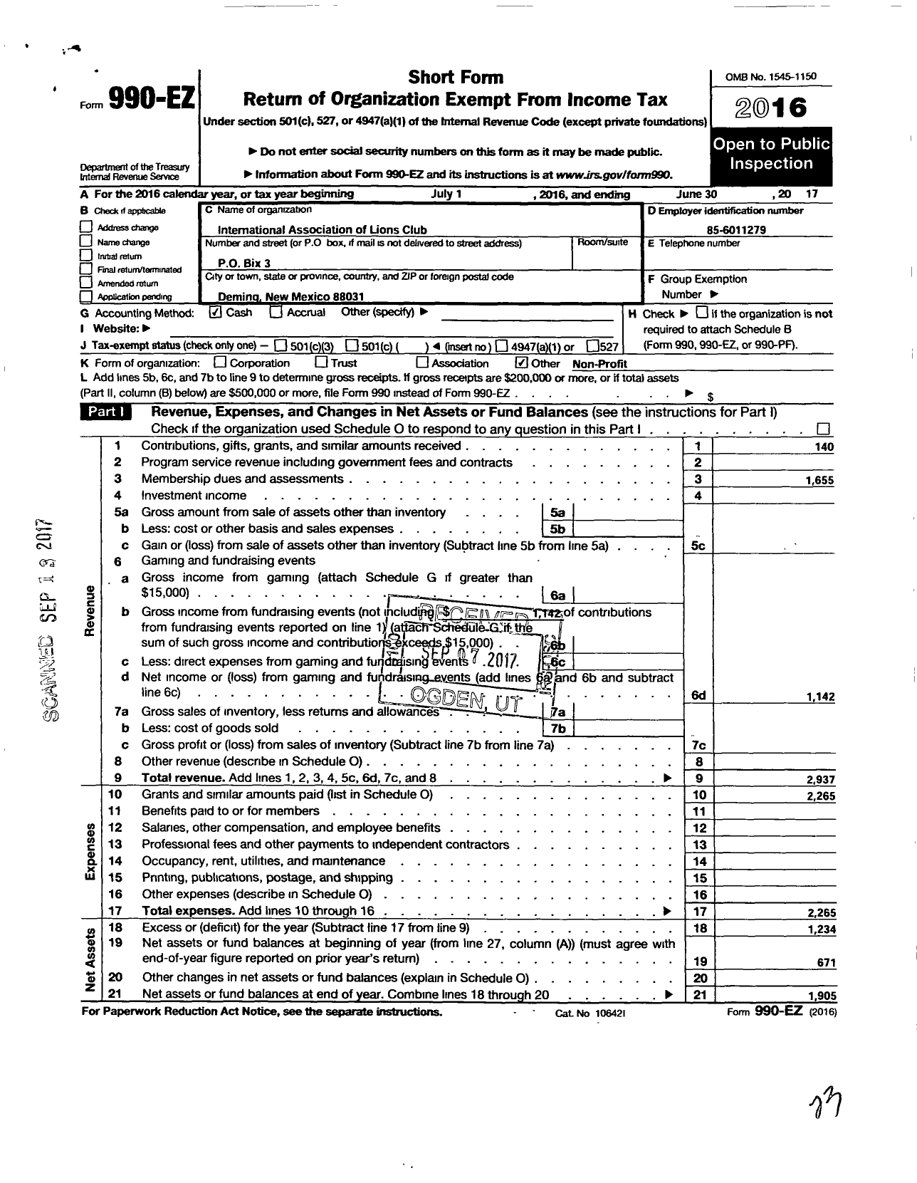 Image of first page of 2016 Form 990EO for Lions Clubs - 13557 Deming