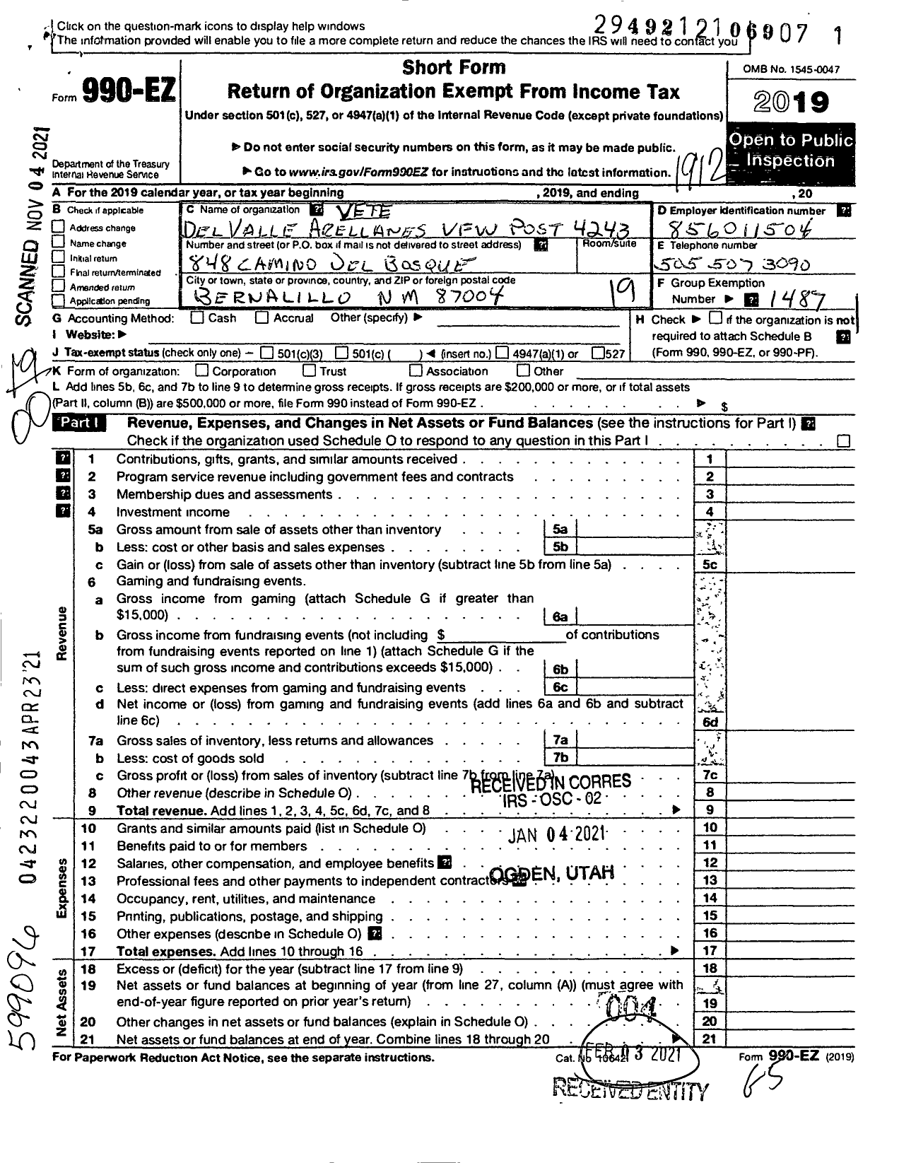 Image of first page of 2019 Form 990EO for Veterans of Foreign Wars Department of New Mexico of the U S - 4243 Del Valle Arellanes