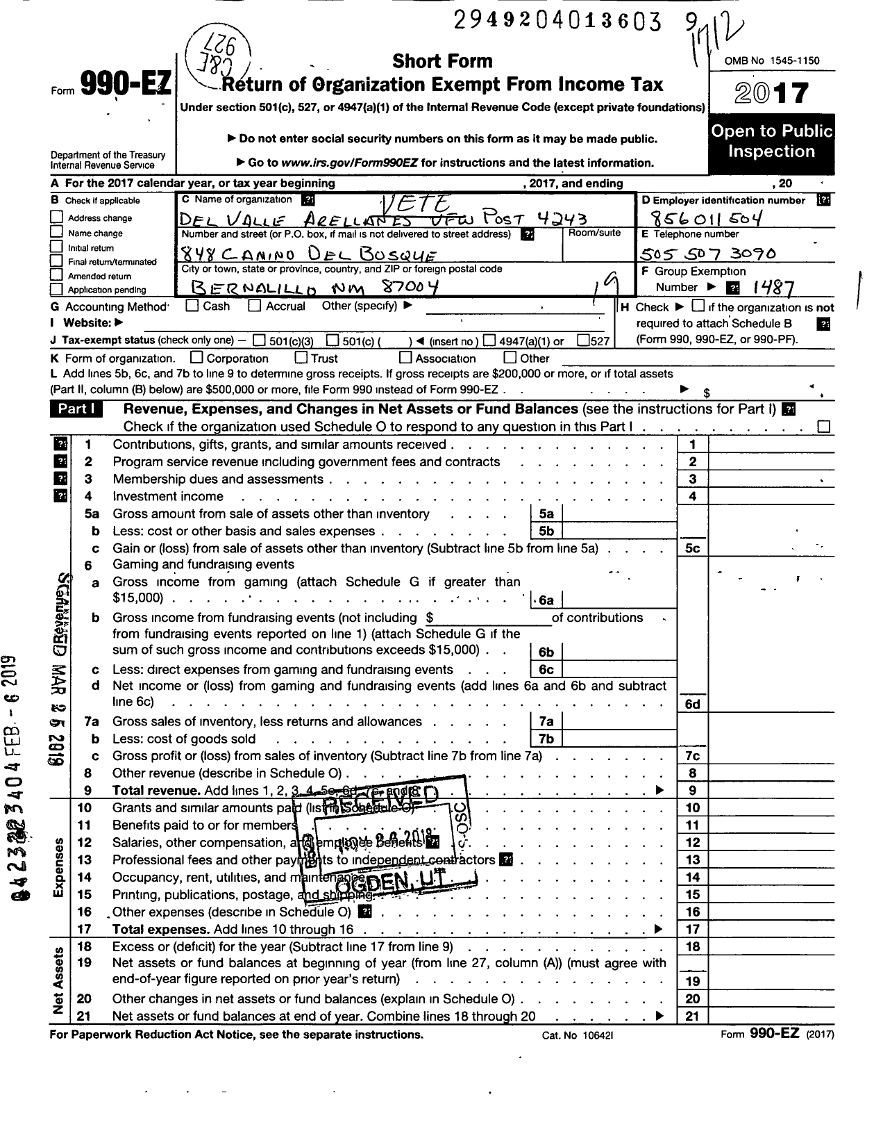 Image of first page of 2017 Form 990EO for Veterans of Foreign Wars Department of New Mexico of the U S - 4243 Del Valle Arellanes