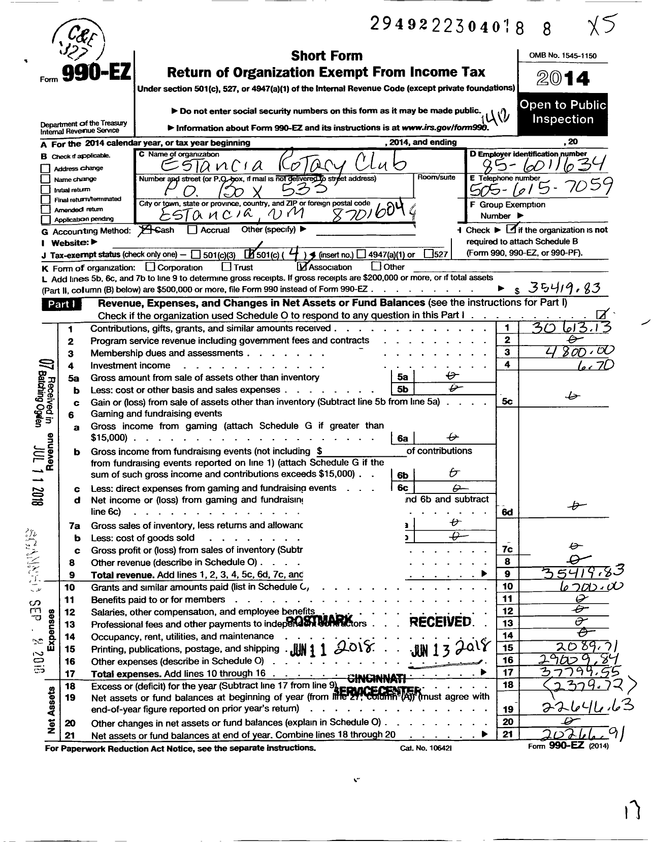 Image of first page of 2014 Form 990EO for Rotary Club of Estancia