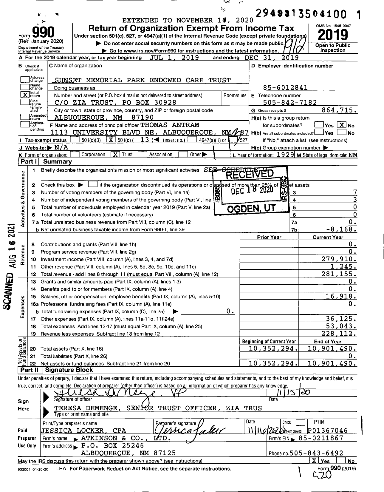 Image of first page of 2019 Form 990O for Sunset Memorial Park Endowed Care Trust