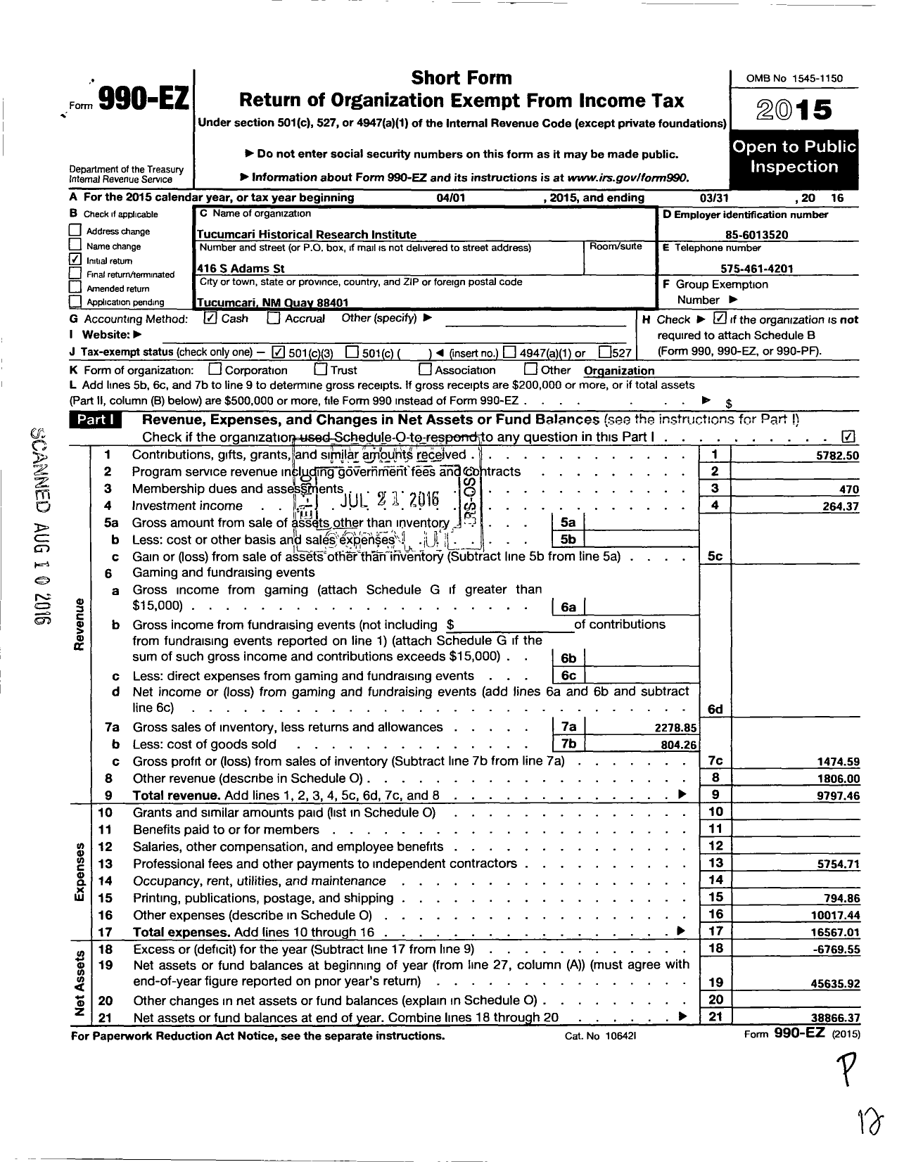 Image of first page of 2015 Form 990EZ for Tucumcari Historical Research Institute