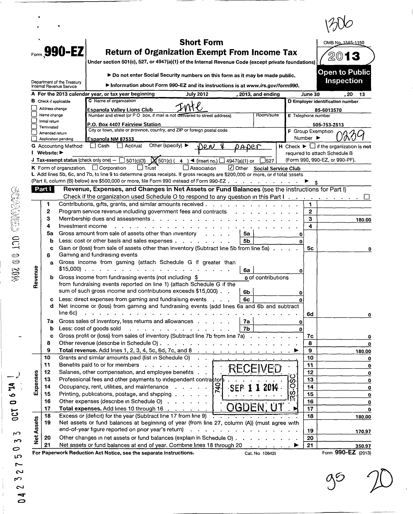 Image of first page of 2012 Form 990EO for Lions Clubs - 13527 Espanola Valley L C