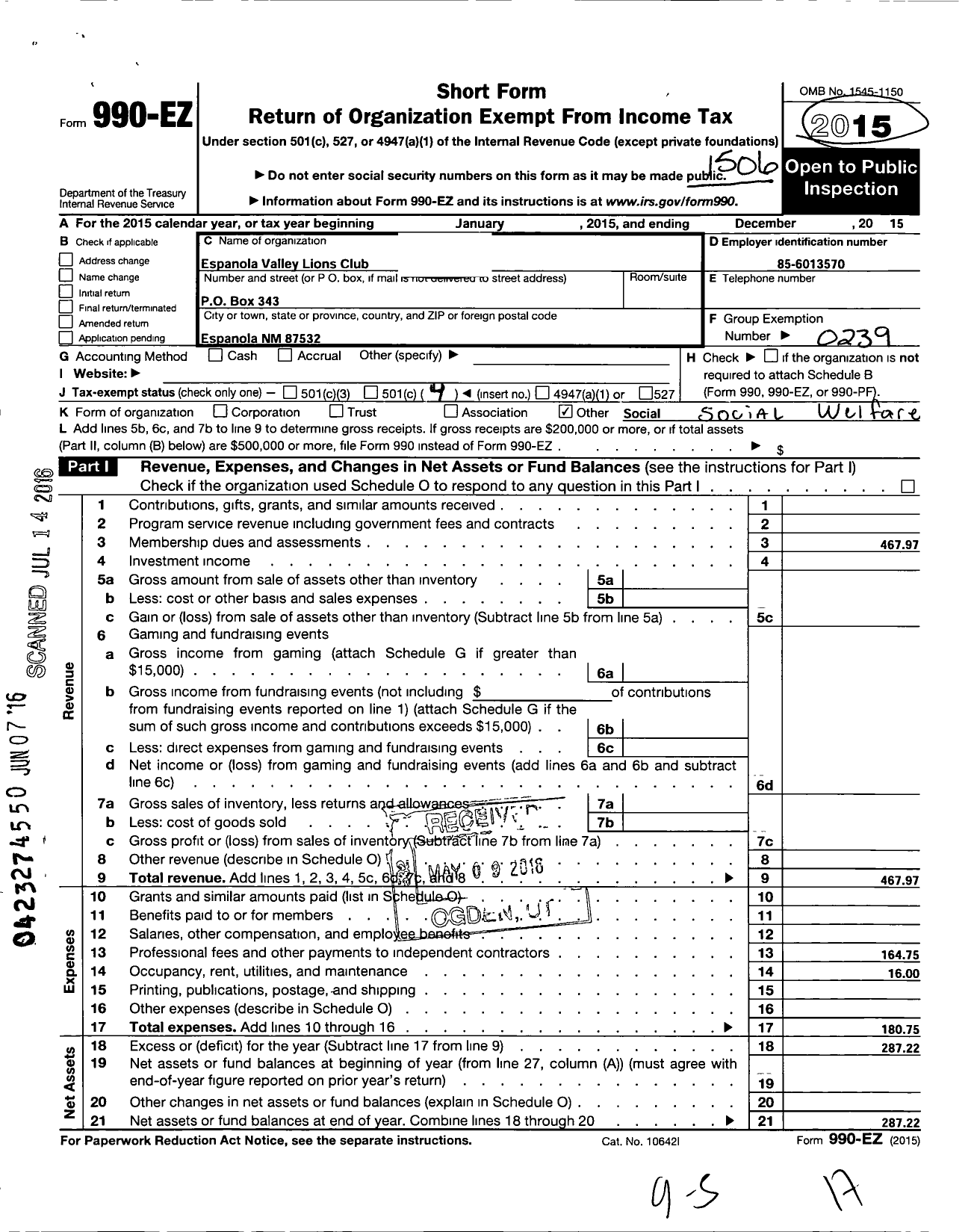 Image of first page of 2014 Form 990EO for Lions Clubs - 13527 Espanola Valley L C