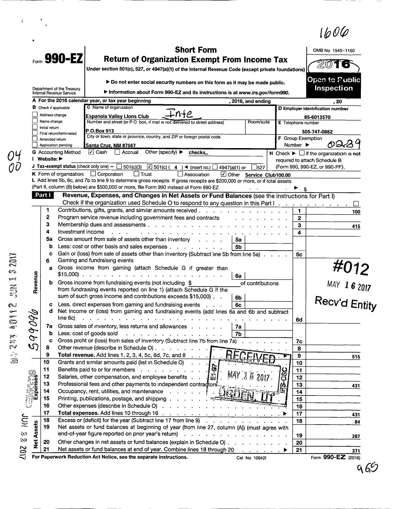 Image of first page of 2015 Form 990EO for Lions Clubs - 13527 Espanola Valley L C