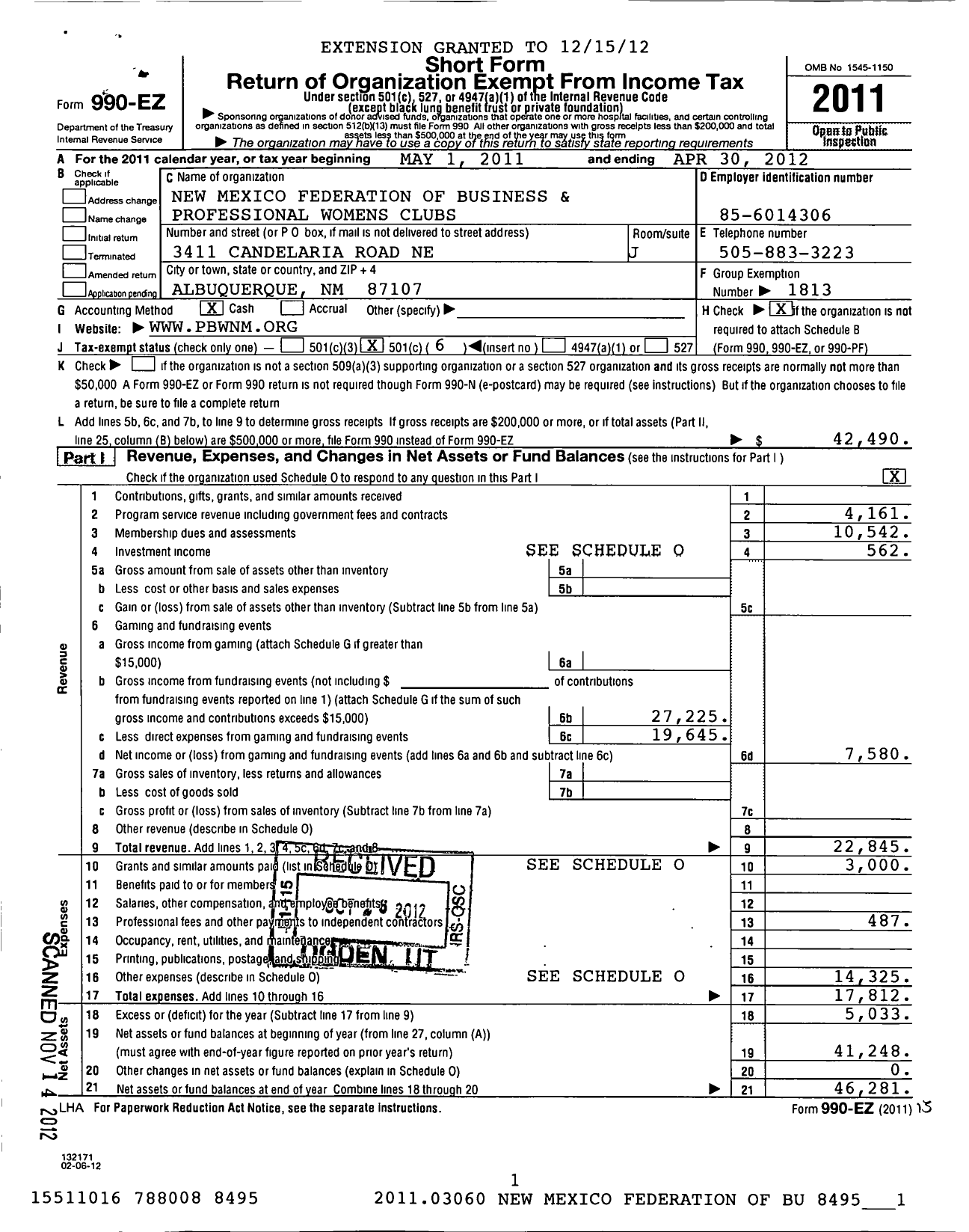 Image of first page of 2011 Form 990EO for New Mexico Federation of Business and Professional Womens Clubs