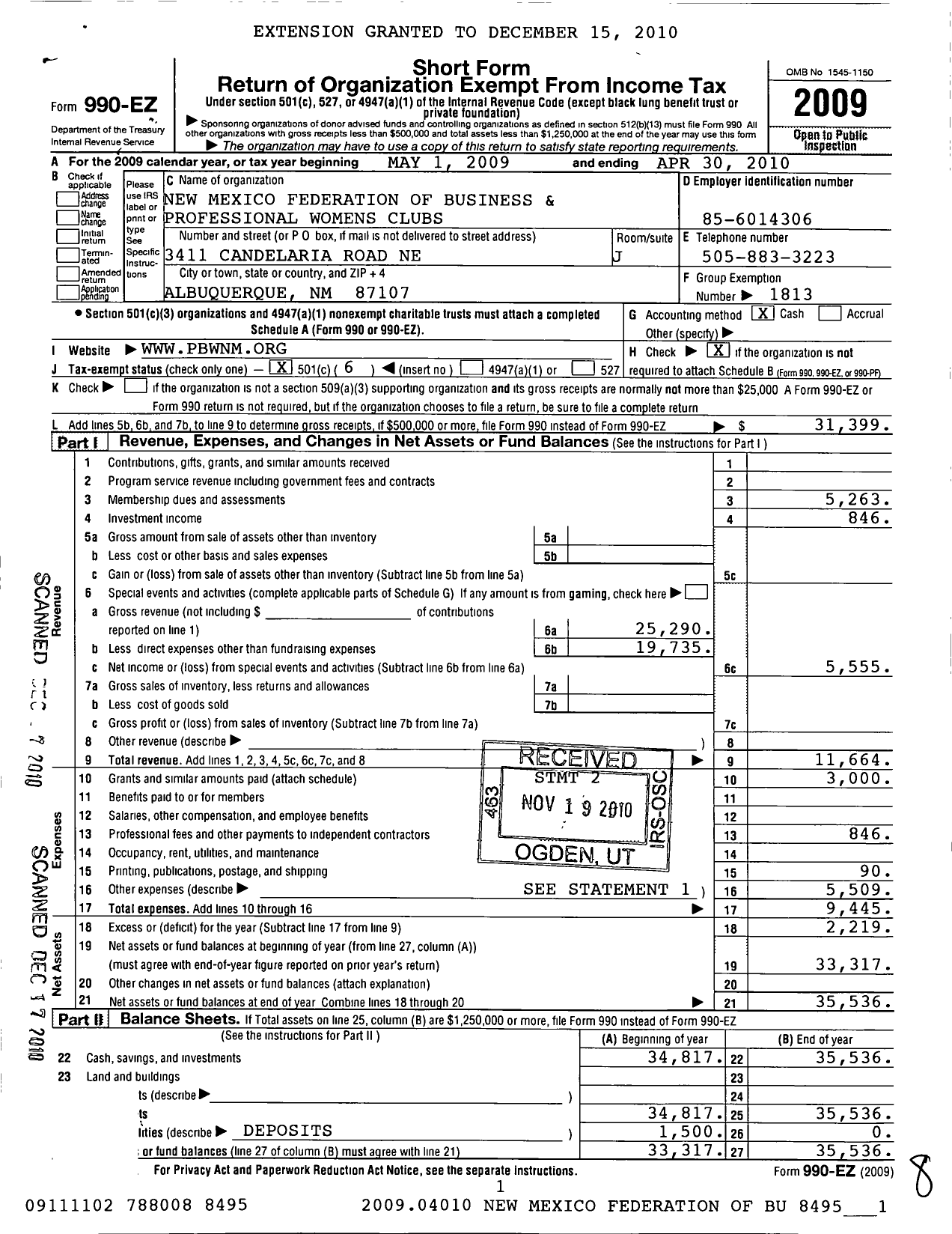 Image of first page of 2009 Form 990EO for New Mexico Federation of Business and Professional Womens Clubs