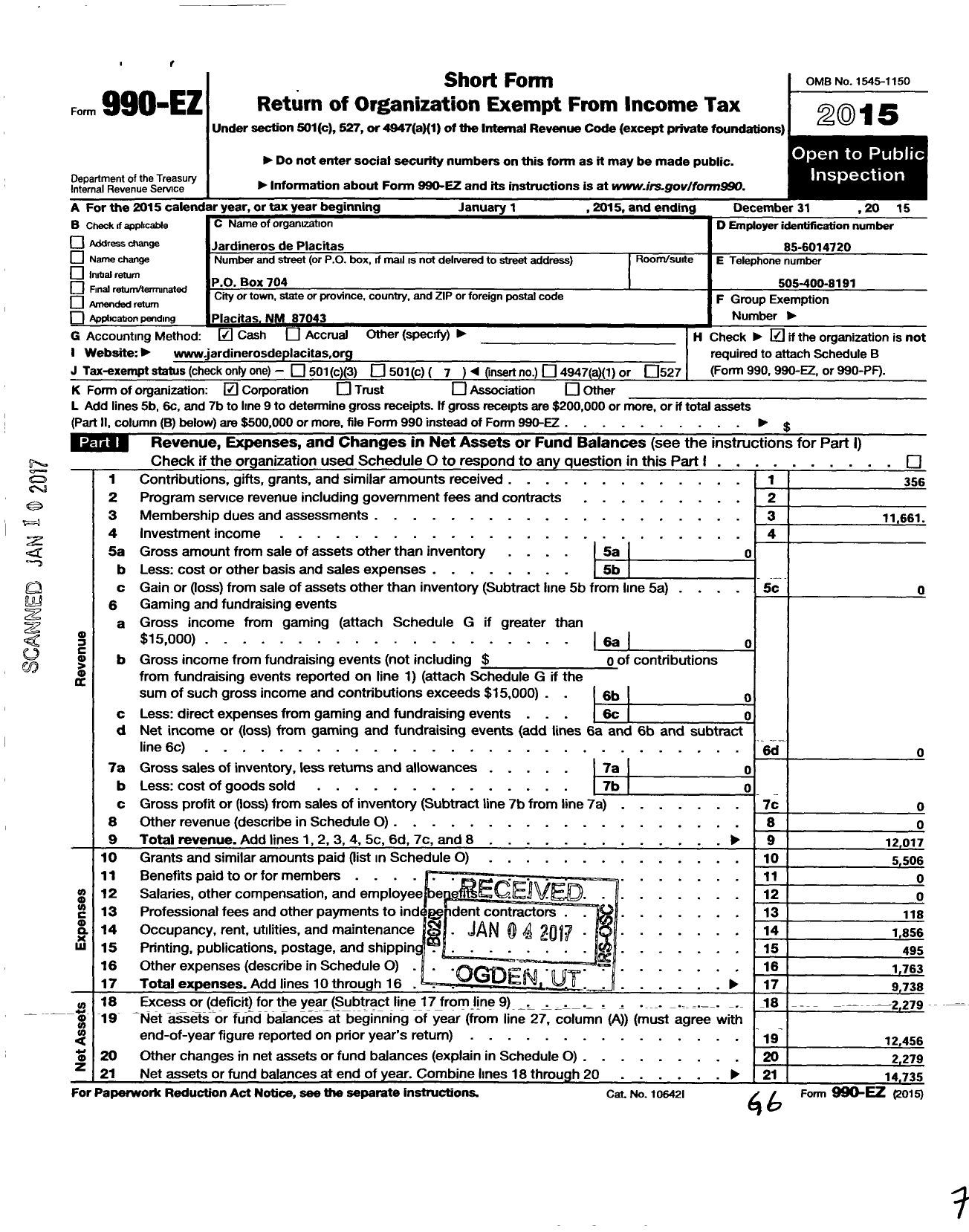 Image of first page of 2015 Form 990EO for Jardineros de Placitas