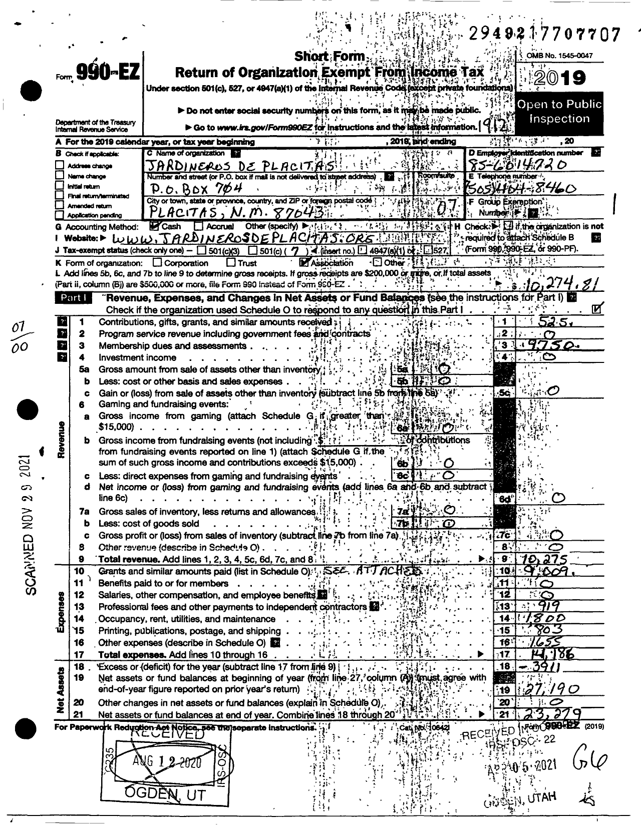 Image of first page of 2019 Form 990EO for Jardineros de Placitas