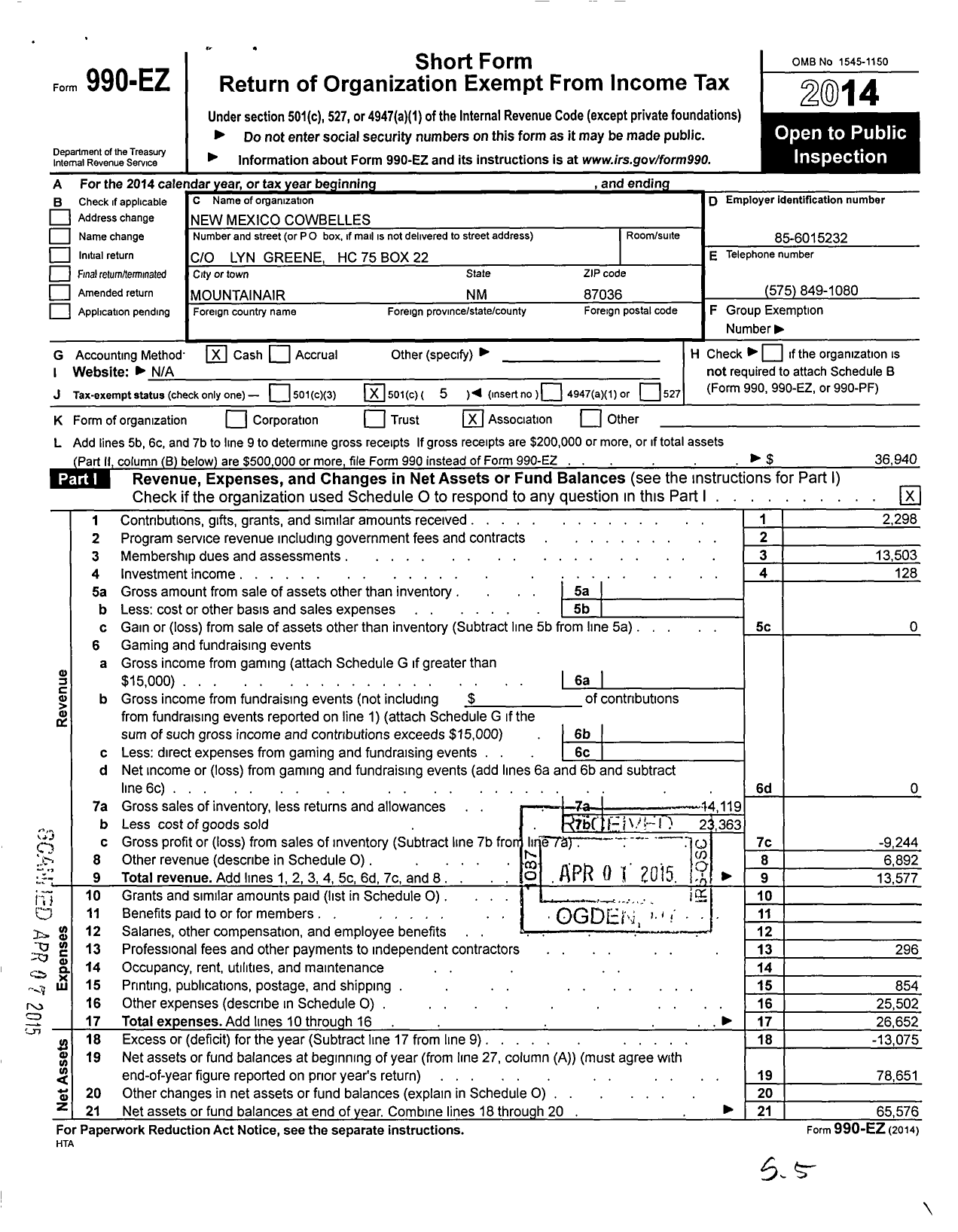 Image of first page of 2014 Form 990EO for New Mexico Cowbelles