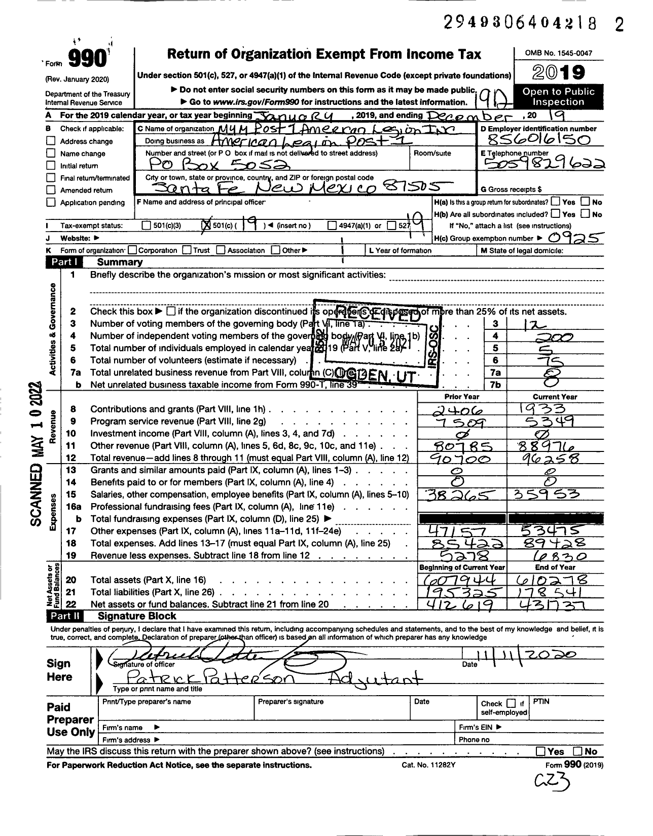 Image of first page of 2019 Form 990O for American Legion Post 1 / American Legion Inc Post 1 Montoya Y Montoya Board of Trustees