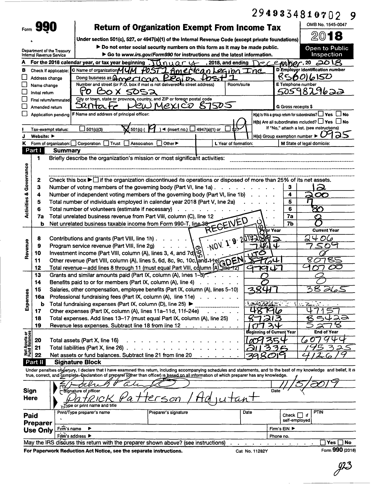 Image of first page of 2018 Form 990O for American Legion Post 1 / American Legion Inc Post 1 Montoya Y Montoya Board of Trustees