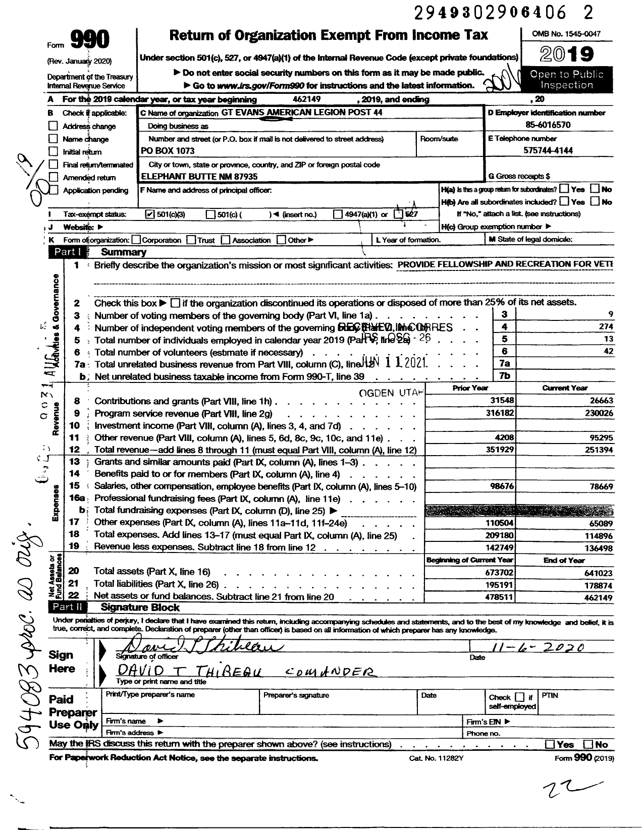 Image of first page of 2019 Form 990O for American Legion - 0044 Gaines T Evans