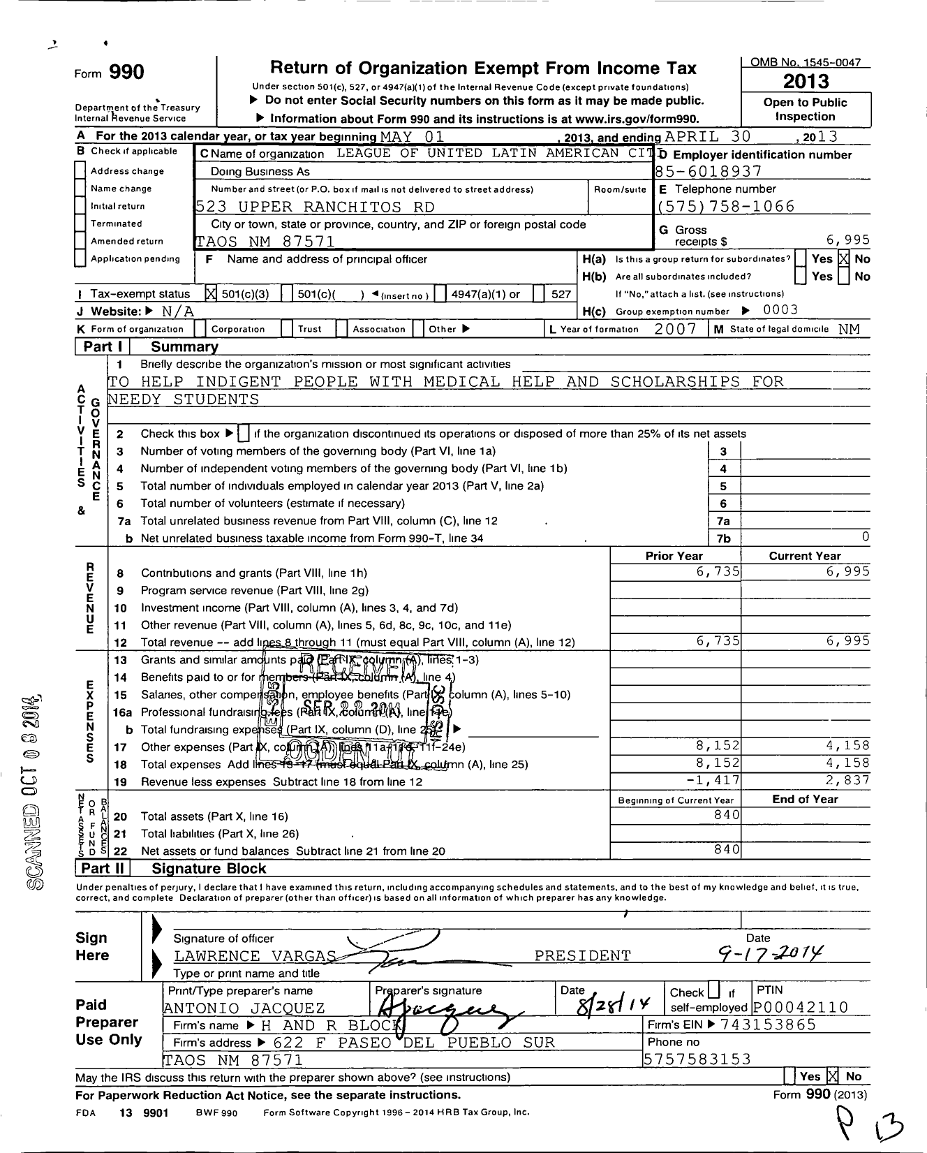 Image of first page of 2012 Form 990 for League of United Latin American Citizens - 78 Council