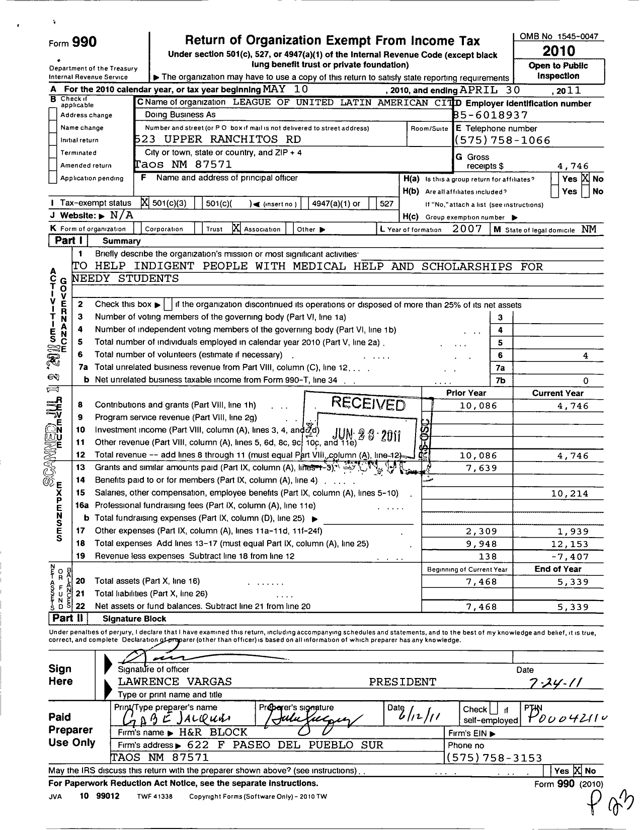 Image of first page of 2010 Form 990 for League of United Latin American Citizens - 78 Council