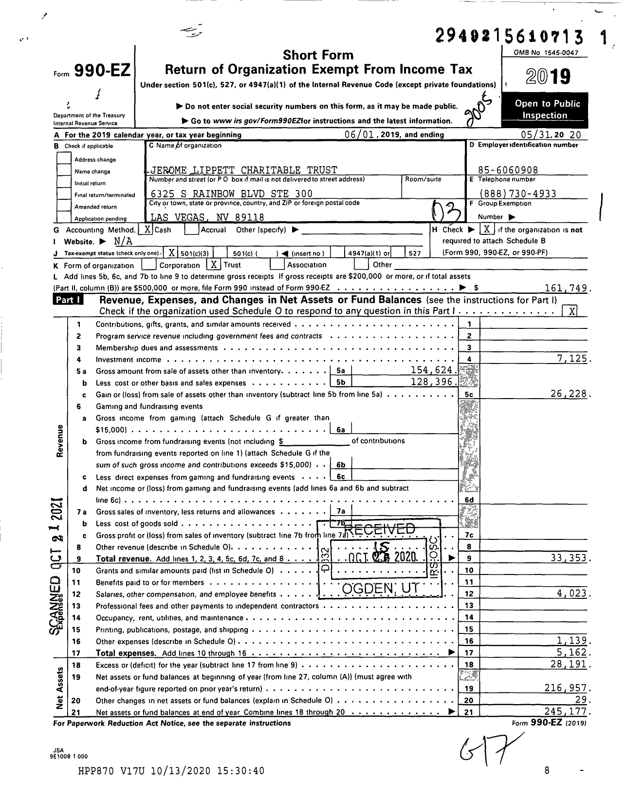 Image of first page of 2019 Form 990EZ for Jerome Lippett Charitable Trust