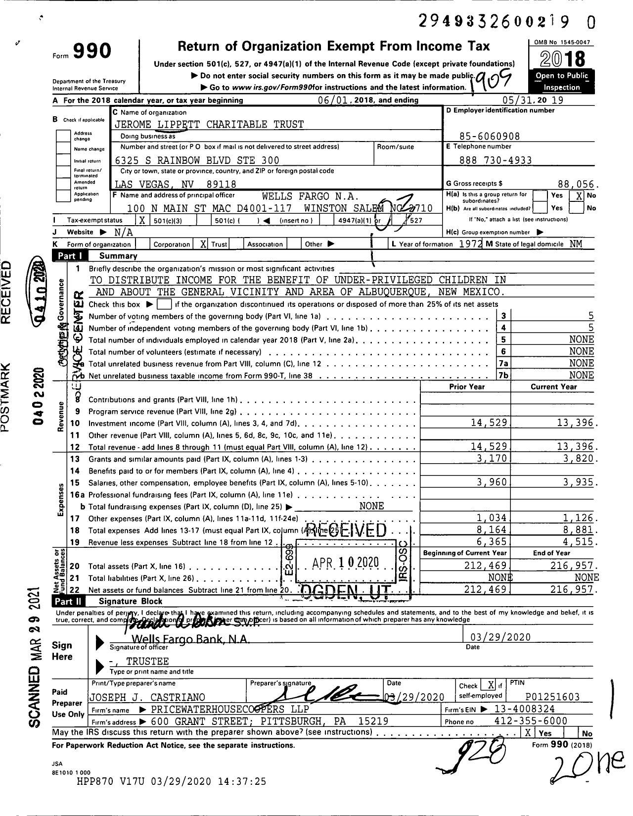 Image of first page of 2018 Form 990 for Jerome Lippett Charitable Trust