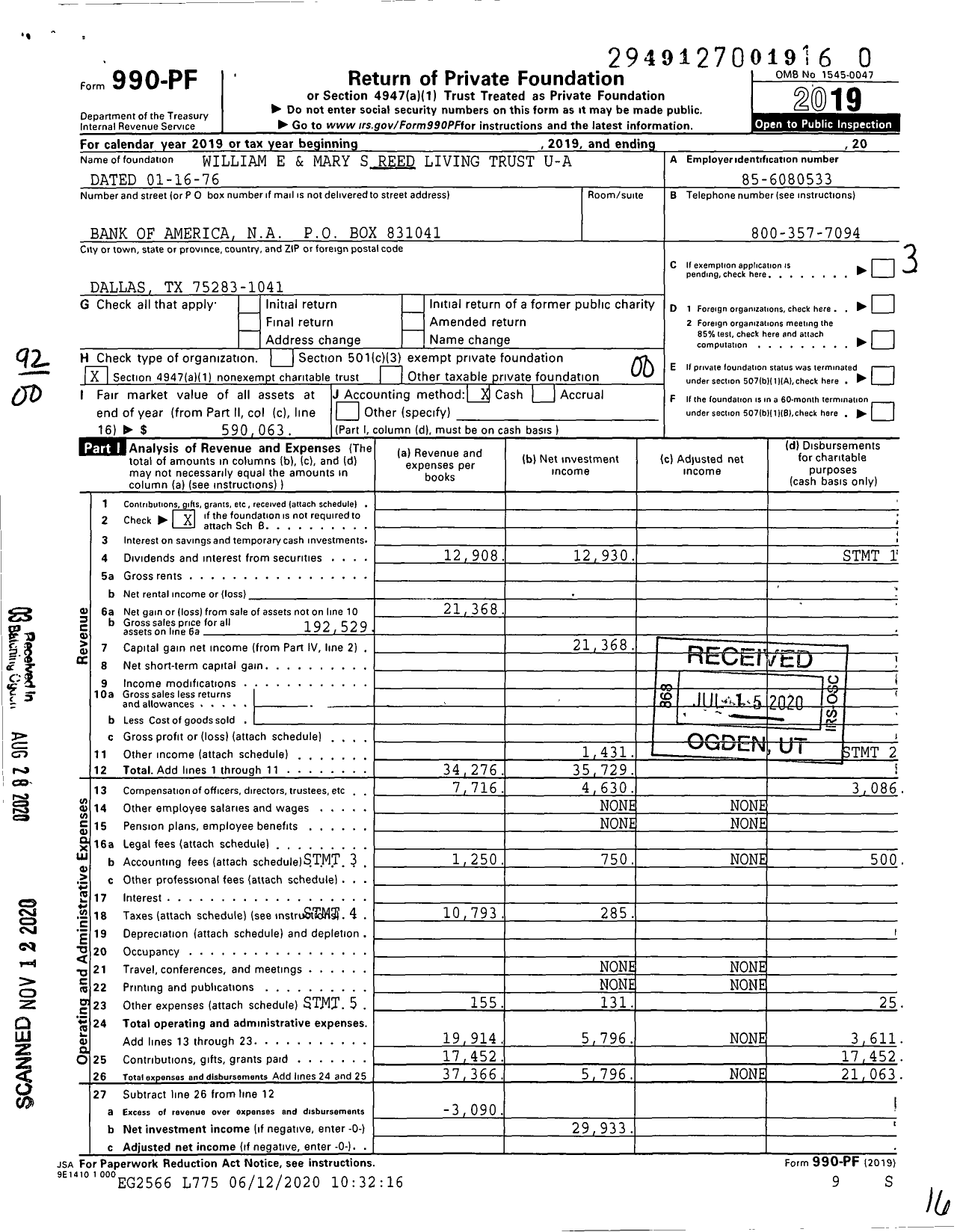 Image of first page of 2019 Form 990PF for William E and Mary S Reed Living Trust U-A