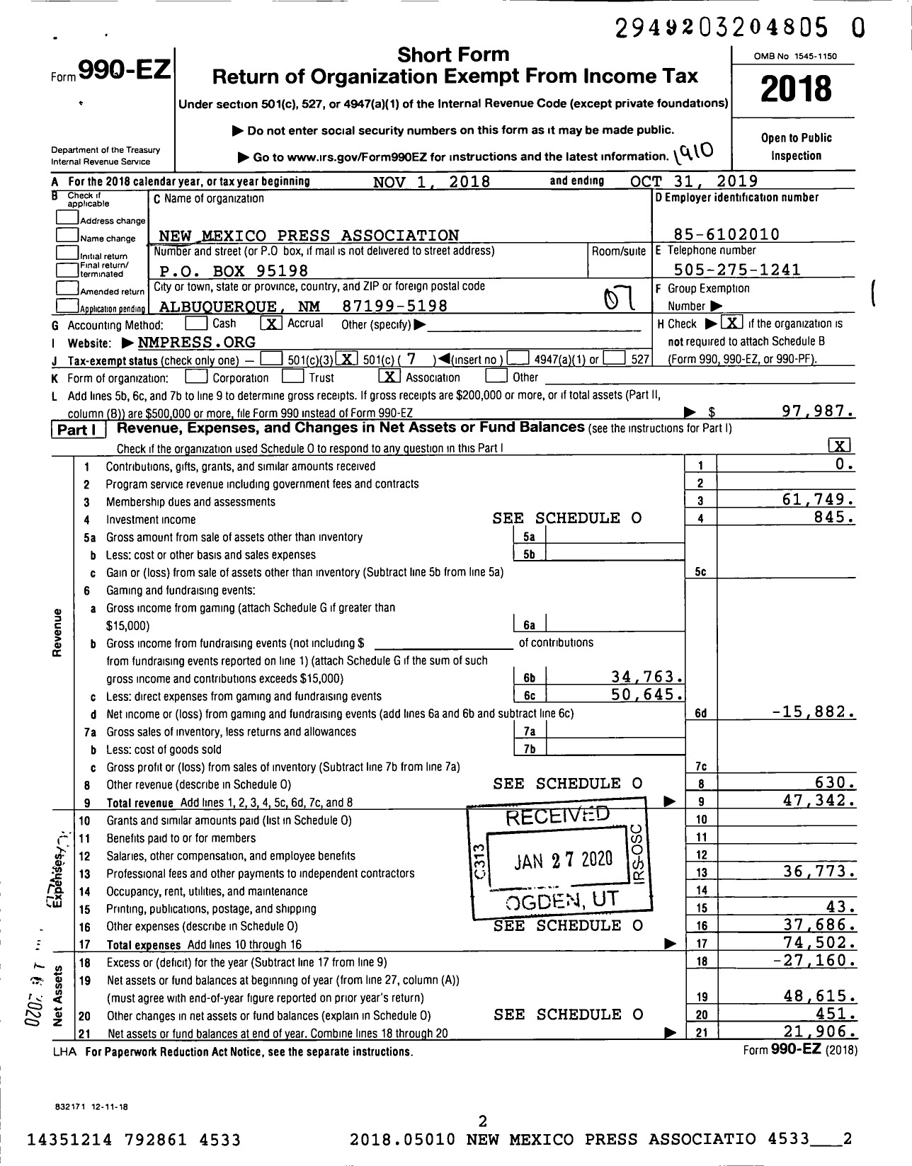 Image of first page of 2018 Form 990EO for New Mexico Press Association