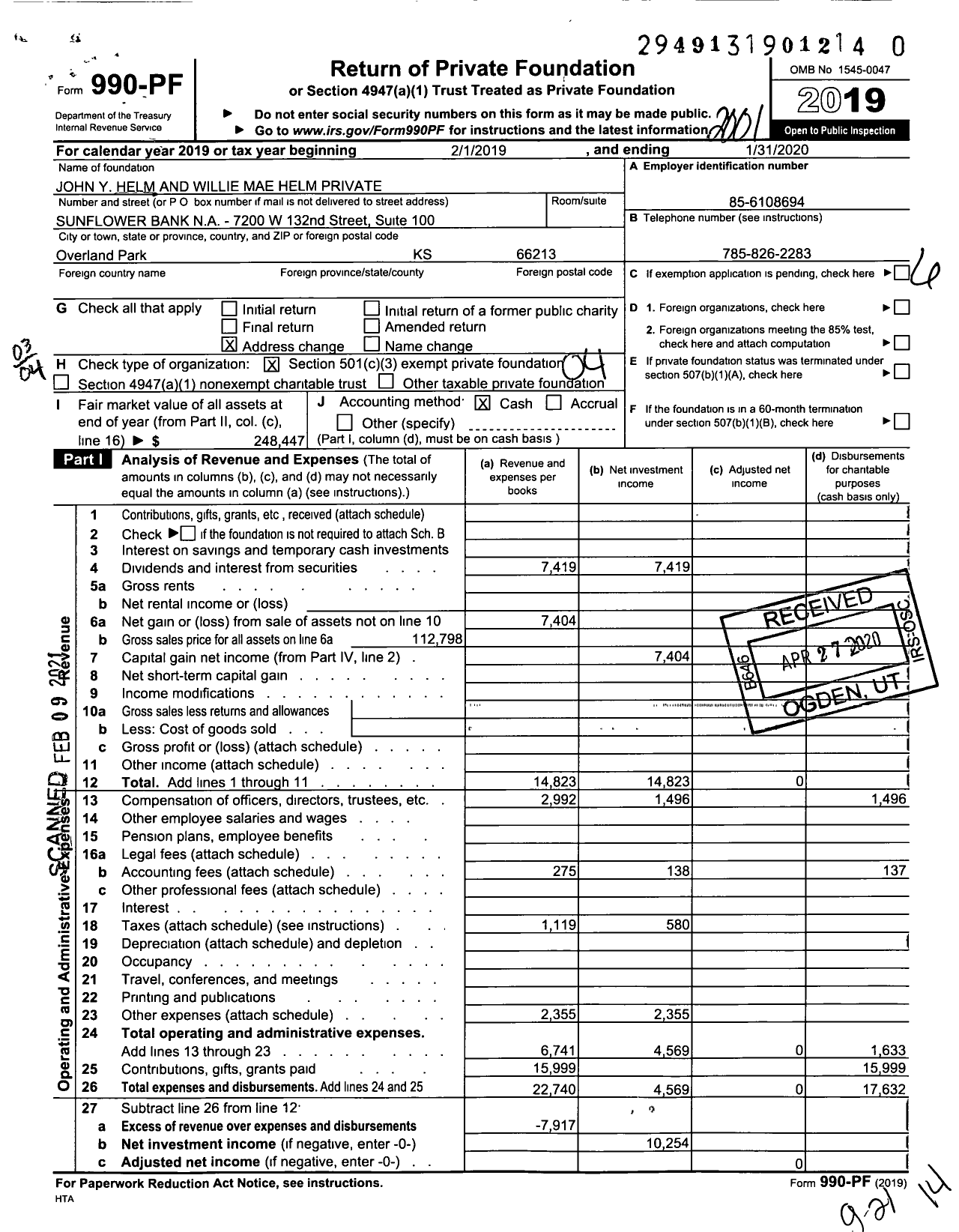 Image of first page of 2019 Form 990PF for John Y Helm and Willie Mae Helm PVT Foundation