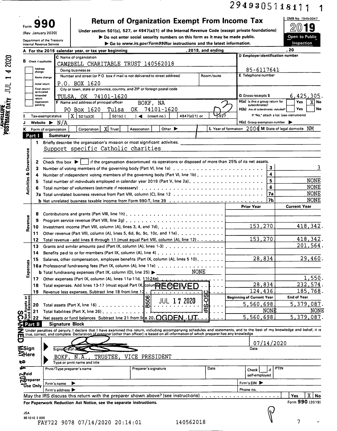 Image of first page of 2019 Form 990 for Campbell Charitable Trust XXX-XX-XXXX