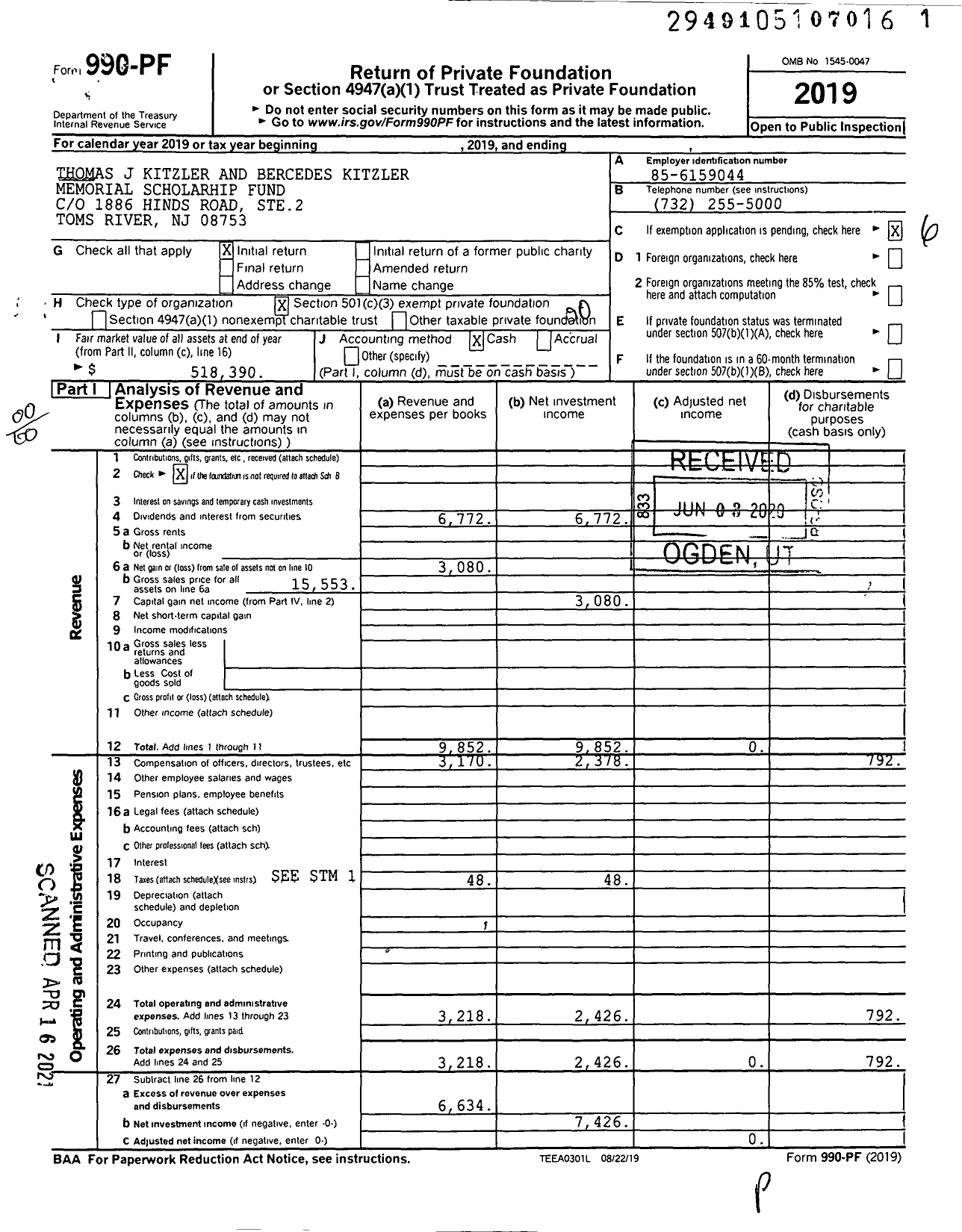 Image of first page of 2019 Form 990PF for Kitzler Memorial Scholarship Fund