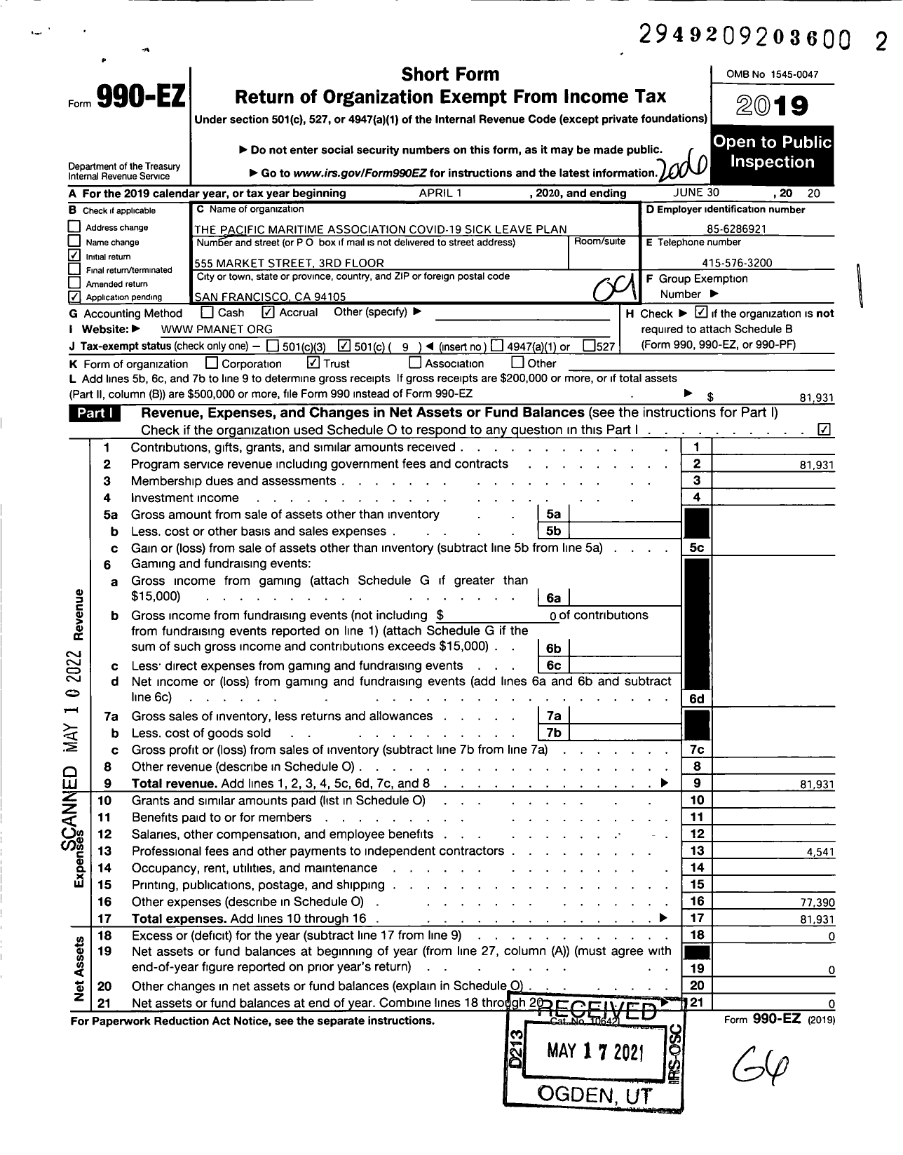 Image of first page of 2019 Form 990EO for The Pacific Maritime Association Covid-19 Sick Leave Plan