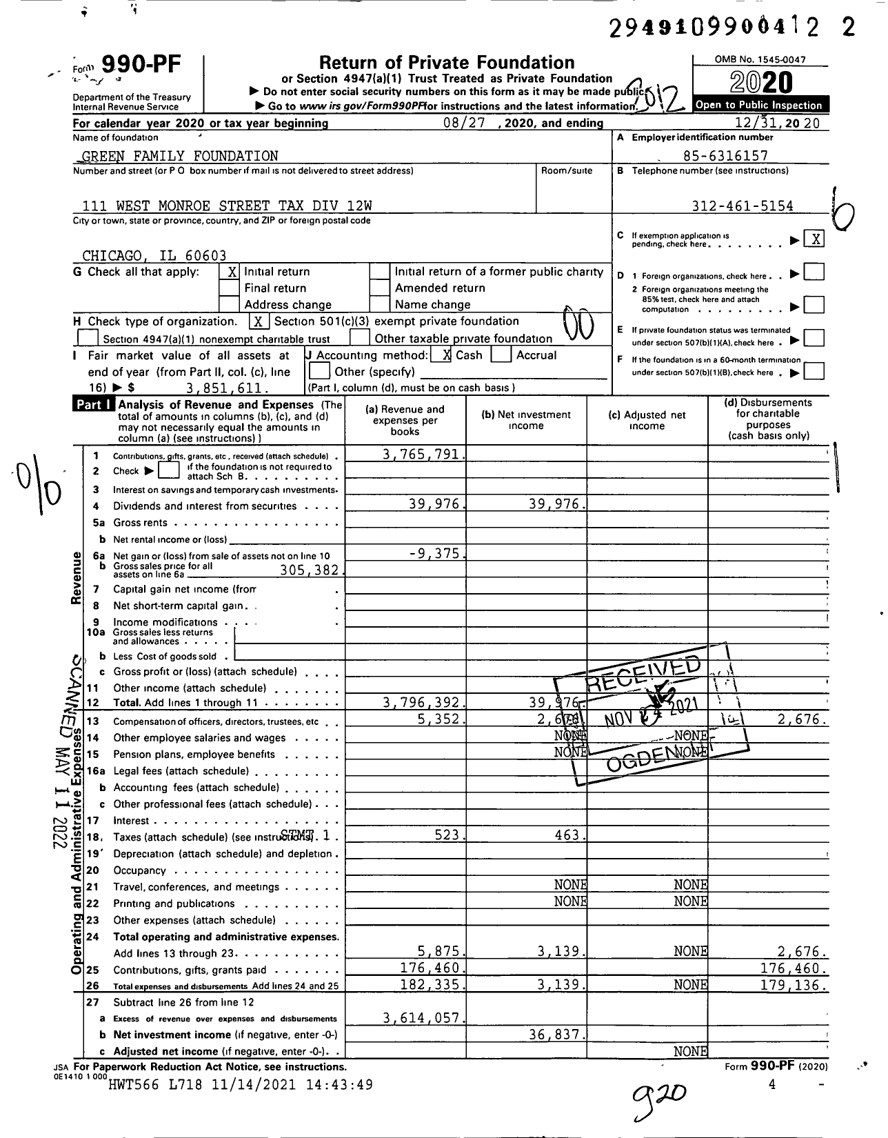 Image of first page of 2020 Form 990PF for Green Family Foundation / Bmo Harris Bank Na John Jacobs Ttee