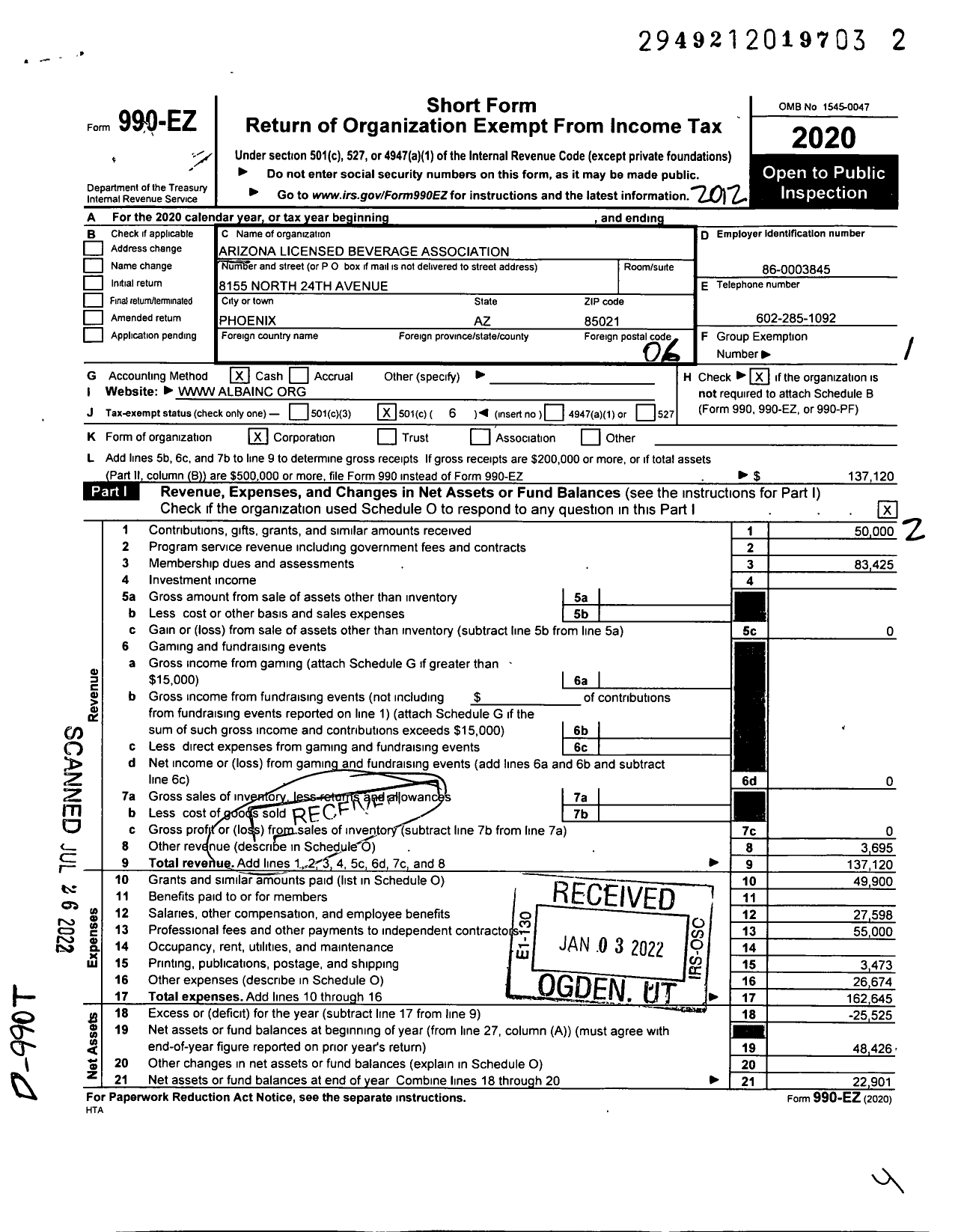 Image of first page of 2020 Form 990EO for Arizona Licensed Beverage Association