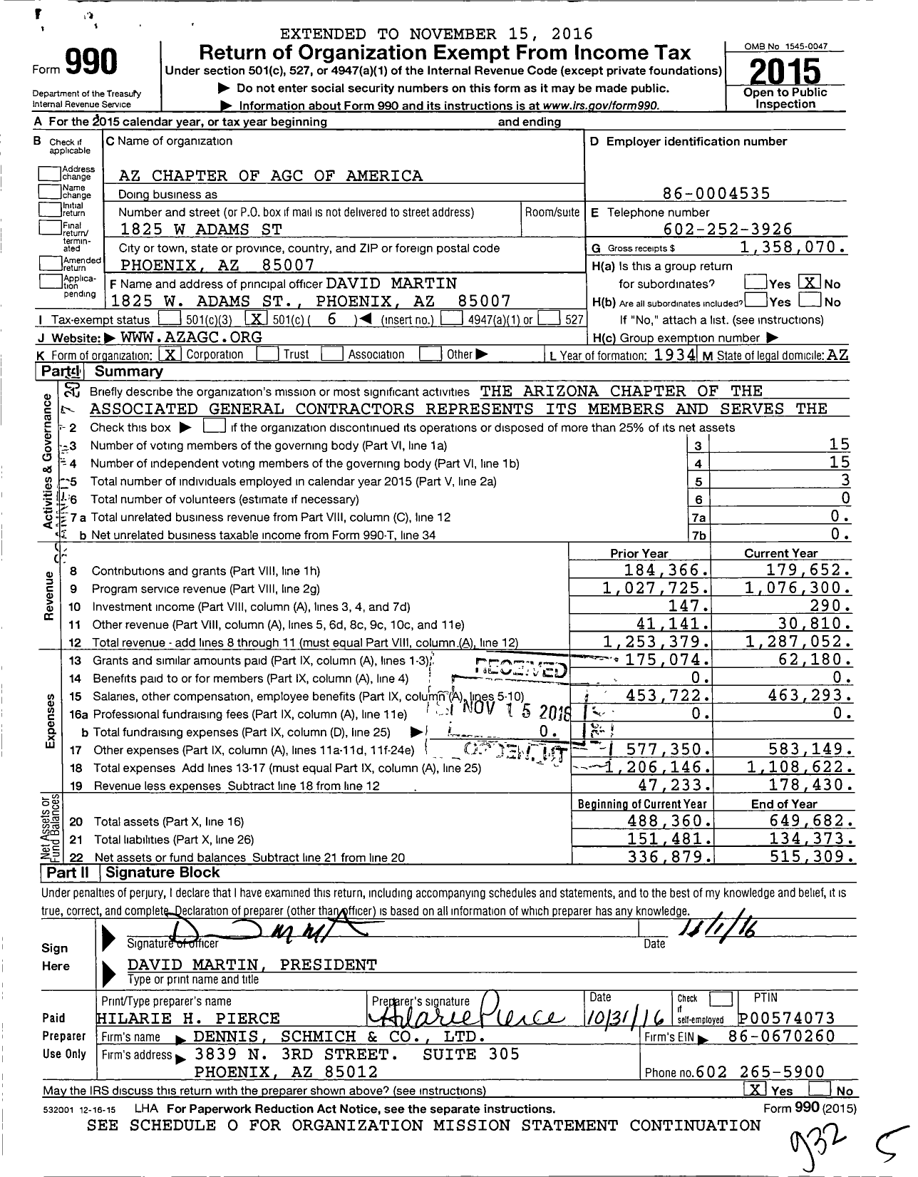 Image of first page of 2015 Form 990O for Az Chapter of Agc of America