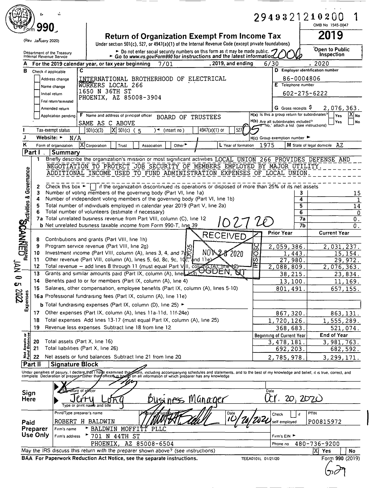 Image of first page of 2019 Form 990O for International Brotherhood of Electrical Workers - 0266 Local Union